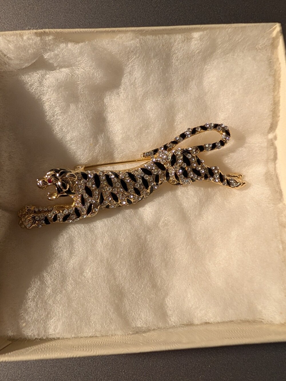 Gold-Tone Black Crystal Tiger Brooch